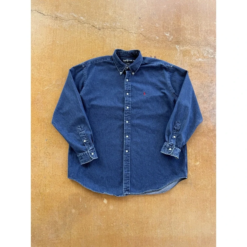 VTG 90 Polo Ralph Lauren Dark Wash Blaire Denim Button Down Long Sleeve Shirt XL
